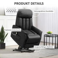 HOMCOM Elektrischer Aufstehsessel, Fernsehsessel, Sessel mit Aufstehhilfe, Liegefunktion, Kunstleder, 80 x 94 x 104 cm, Schwarz(m-7)