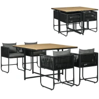 Outsunny Conjunto de Jardim de Vime Sintético 5 Peças com Mesa Quadrada e 4 Cadeiras Almofadas Preto e Madeira(m-9)