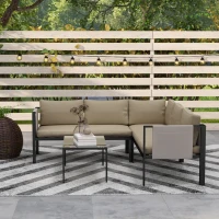 Outsunny 5 Seater Garden Corner Sofa Set, 4 Pieces Metal Garden Furniture Set with Loveseats, Glass Top Coffee Table, Breathable Mesh Pocket, Outdoor Conversation Furniture with Cushions, Khaki(m-9)