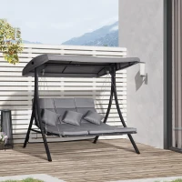 Outsunny Dondolo da Giardino 3 Posti con Tettuccio Parasole Regolabile e 3 Cuscini, Dondolo da Esterno con Seduta Traspirante in Texteline e Metallo, Portata Fino a 270 kg, 198x118x168 cm, Grigio(m-2)