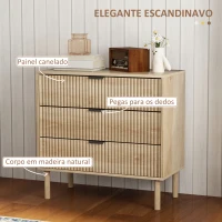 HOMCOM Cómoda com 3 Gavetas Cómoda Dormitório Estilo Nórdico com Painéis Ripados e Puxadores Metálicos 80x40x77,5 cm Madeira(m-4)