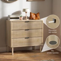 HOMCOM Cómoda com 3 Gavetas Cómoda Dormitório Estilo Nórdico com Painéis Ripados e Puxadores Metálicos 80x40x77,5 cm Madeira(m-6)
