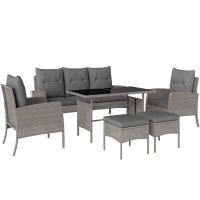 Outsunny 5 Seater Rattan Garden Furniture Set, 6 Piece Garden Sofa Set, Armchairs, 3-Seater Sofa, Footstools, Glass Dining Table, Cushions, Wicker Outdoor Furniture for Conservatory Patio, Grey