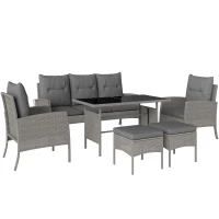 Outsunny 5 Seater Rattan Garden Furniture Set, 2 Armchairs, 3-Seater Wicker Sofa, 2 Footstools and Glass Table, 6 Piece Patio Rattan furniture Sofa Sets with Cushions for Conservatory, Grey(m-1)
