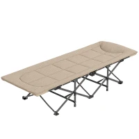 Outsunny Folding Camping Bed for Adults with Cushion, Heavy Duty Portable Travel Camping Cot with Headrest, Side Pocket and Non-Slip Foot Pads for Outdoor Beach Travel Office, Khaki(m-11)