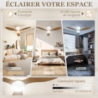 HOMCOM Ventilateur de plafond avec lumière réglable et télécommande 115 cm, 3 couleurs, 3 pales, 6 vitesses, minuterie, naturel(m-4)