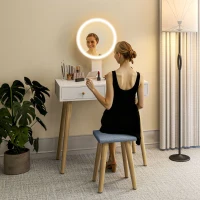 HOMCOM Coiffeuse avec miroir LED à luminosité et 3 couleurs réglable, tabouret rembourré, 2 tiroirs et organisateur, blanc(m-9)