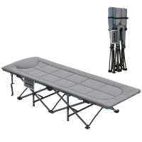Outsunny Folding Camping Bed for Adults with Cushion, Heavy Duty Portable Travel Camping Cot with Headrest, Side Pocket and Non-Slip Foot Pads for Outdoor Beach Travel Office, Grey(m-10)