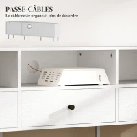 HOMCOM Meuble TV pour jusqu'à 75" avec 3 tiroirs, 3 étagères ouvertes et passe-câbles, 140 x 34 x 45 cm, crème(m-5)