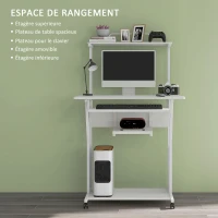 HOMCOM Bureau d'ordinateur roulant avec étagères de rangement, poste de travail et plateau pour clavier, 80x50x130cm, blanc(m-4)