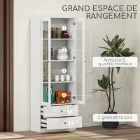 HOMCOM Meuble de rangement moderne avec placard à portes vitrées, étagères réglables et 2 tiroirs, 59 x 30 x 164 cm, blanc(m-4)