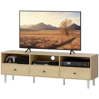 HOMCOM Meuble TV pour jusqu'à 75" avec 3 tiroirs, 3 étagères ouvertes et passe-câbles, 140 x 34 x 45 cm, bois naturel(m-1)