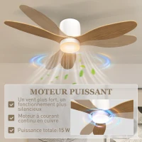 HOMCOM Ventilateur de plafond avec lumière réglable et télécommande 115 cm, 3 couleurs, 3 pales, 6 vitesses, minuterie, naturel(m-6)