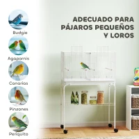 PawHut Jaula para Pájaros con Divisor Comederos Bandeja Extraíble y Soporte para Canarios y Periquitos 76x46x46/116 cm Blanco(m-9)