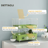 PawHut Gabbia per Criceti a 2 Livelli e 3 Porte con Ruota e Tubi, in Acciaio, PS e PP, 44.5x28x44 cm, Verde e Bianco(m-6)