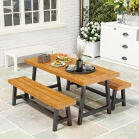 Outsunny Tuinmeubelset 3-delig Hout Eetgroep voor 4 Personen Eettafel met 2 Banken Teak(m-10)