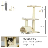 PawHut Arranhador para Gatos Médio de 3 Níveis  com Postes de Sisal Placa para Arranhar e Bola Suspensa 40x35x72 cm Creme(m-3)