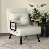 HOMCOM Fauteuil convertible 4 en 1 lit 1 place dossier 5 positions, accoudoirs en bois et coussin, tissu effet velours, crème(m-7)