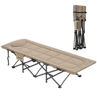 Outsunny Folding Camping Bed for Adults with Cushion, Heavy Duty Portable Travel Camping Cot with Headrest, Side Pocket and Non-Slip Foot Pads for Outdoor Beach Travel Office, Khaki(m-10)