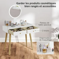 HOMCOM Coiffeuse avec miroir LED à luminosité et 3 couleurs réglable, tabouret rembourré, 2 tiroirs et organisateur, blanc(m-5)