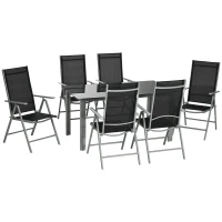 Outsunny 7 Piece Garden Dining Set, Outdoor Table and 6  Folding and Reclining Chairs, Aluminium Frame, Tempered Glass Top Table, Texteline Seats, Black(m-1)