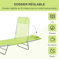 Homcom Chaise Longue Pliante Bain de Soleil inclinable transat textilene lit Jardin Plage Vert(m-4)