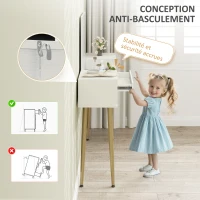 HOMCOM Coiffeuse avec miroir et tabouret avec 3 tiroirs et pieds en métal, plateau en verre trempé, blanc(m-7)