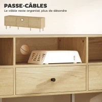 HOMCOM Meuble TV pour jusqu'à 75" avec 3 tiroirs, 3 étagères ouvertes et passe-câbles, 140 x 34 x 45 cm, bois naturel(m-5)
