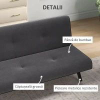 HOMCOM Canapea Extensibilă cu Spătar Reglabil în 3 Poziții și Șezut Tapițat, 170x76x72.5 cm, Gri(m-6)