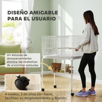 PawHut Jaula para Pájaros con Divisor Comederos Bandeja Extraíble y Soporte para Canarios y Periquitos 76x46x46/116 cm Blanco(m-8)