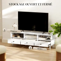 HOMCOM Meuble TV pour jusqu'à 75" avec 3 tiroirs, 3 étagères ouvertes et passe-câbles, 140 x 34 x 45 cm, crème(m-4)