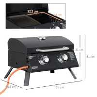 Outsunny Barbacoa de Mesa a Gas Plegable con 2 Quemadores Parrilla de Gas Portátil con Tapa Acero a Carbono para Camping Picnic al Aire Libre Jardín 55x46,5x41 cm Negro(m-3)