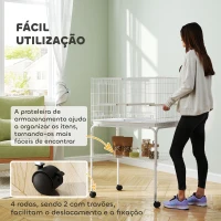 PawHut Gaiola para Pássaros com Divisória Rodas Gaiola para Aves com Comedouros Poleiros e Bandeja Removível 76x46x116 cm Branco(m-8)