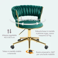 Sedia Girevole da ufficio e per Trucco o Salotto, Poltroncina in Velluto con Altezza Regolabile, per Sedia da Studio, Verde(m-6)