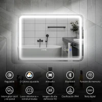 HOMCOM Espejo de Baño con Luz LED 70x50 cm con Bluetooth 3 Colores de Luz Reloj Digital Función Antivaho Función de Memoria(m-4)