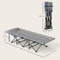 Outsunny Folding Camping Bed for Adults with Cushion, Heavy Duty Portable Travel Camping Cot with Headrest, Side Pocket and Non-Slip Foot Pads for Outdoor Beach Travel Office, Grey(m-3)