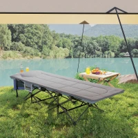 Outsunny Folding Camping Bed for Adults with Cushion, Heavy Duty Portable Travel Camping Cot with Headrest, Side Pocket and Non-Slip Foot Pads for Outdoor Beach Travel Office, Grey(m-9)