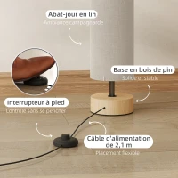 HOMCOM Lampadaire sur pied de salon avec abat-jour en lin, interrupteur à pied, 2 x douille E27, 120 cm, beige(m-5)