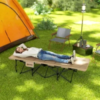 Outsunny Folding Camping Bed for Adults with Cushion, Heavy Duty Portable Travel Camping Cot with Headrest, Side Pocket and Non-Slip Foot Pads for Outdoor Beach Travel Office, Khaki(m-2)