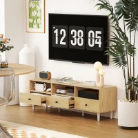 HOMCOM Meuble TV pour jusqu'à 75" avec 3 tiroirs, 3 étagères ouvertes et passe-câbles, 140 x 34 x 45 cm, bois naturel(m-7)