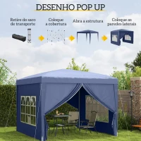 Outsunny Tenda de Jardim com Paredes Laterais Amovíveis Janelas Porta com Zíper e Bolsa de Transporte 295x295x195-258 cm Azul(m-4)