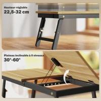 HOMCOM Table de lit pliable et réglable, plateau de lit pour ordinateur portable en bambou - plateau inclinable, tiroir, chêne(m-4)