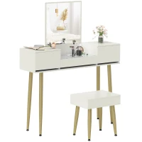 HOMCOM Coiffeuse avec miroir et tabouret avec 3 tiroirs et pieds en métal, plateau en verre trempé, blanc(m-10)