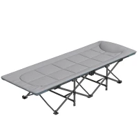 Outsunny Folding Camping Bed for Adults with Cushion, Heavy Duty Portable Travel Camping Cot with Headrest, Side Pocket and Non-Slip Foot Pads for Outdoor Beach Travel Office, Grey(m-11)