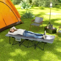 Outsunny Folding Camping Bed for Adults with Cushion, Heavy Duty Portable Travel Camping Cot with Headrest, Side Pocket and Non-Slip Foot Pads for Outdoor Beach Travel Office, Grey(m-2)