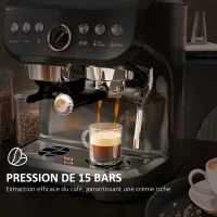 HOMCOM Machine à expresso 1600W avec moulin à grains, buse vapeur, pompe italienne 15 bars, réservoir d'eau 2 L, noir(m-6)