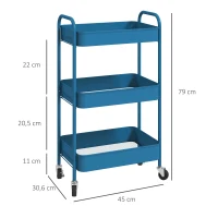 HOMCOM Desserte chariot de rangement en acier chariot de service à roulettes 3 plateaux ajourés 45 x 30,6 x 79 cm bleu foncé(m-3)