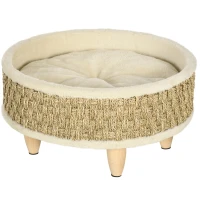 PawHut Cama para Perros Miniaturas con Cojín Lavable Cuerda de Seagrass y Marco de Madera Ø48x24,5 cm Beige(m-11)