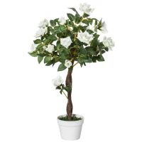 Outsunny Planta Artificial de 90 cm Rosa Blanca Realista con 21 Flores y 350 Hojas Maceta de Cemento Verde(m-1)