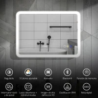 HOMCOM Espejo de Baño con Luz LED 70x50 cm con Bluetooth 3 Colores de Luz Reloj Digital Función Antivaho Función de Memoria(m-4)